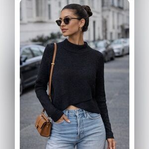 Free People Sweater Mock Neck Cross Front Linen/Cotton Knit Small Slate Blue